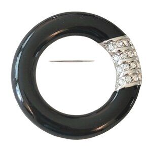 Signed SAL Swarovski Silver Tone Crystal Black Enamel Round Open Brooch, M611